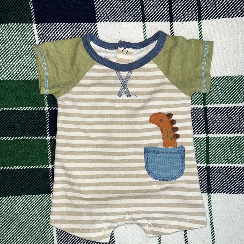 0-3m Mudpie Striped Baby Romper with Dinosaur Patch